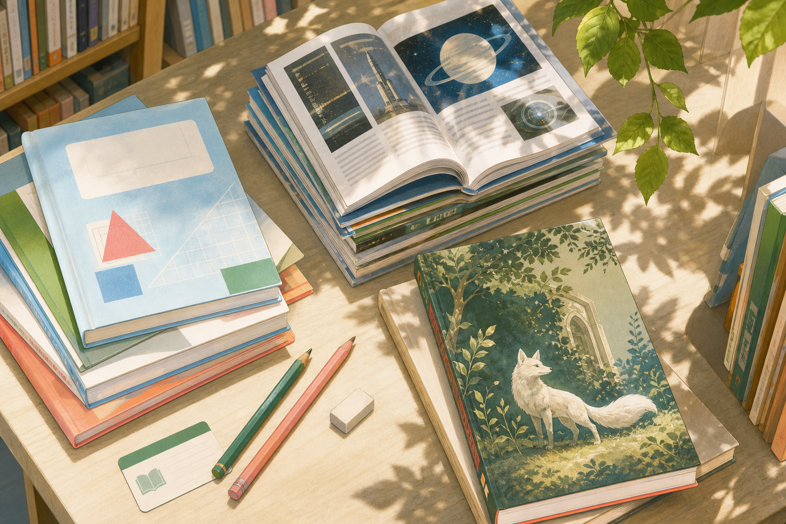 Editorial still life of summer study books, science magazines and an animal-fantasy volume on a sunlit library table