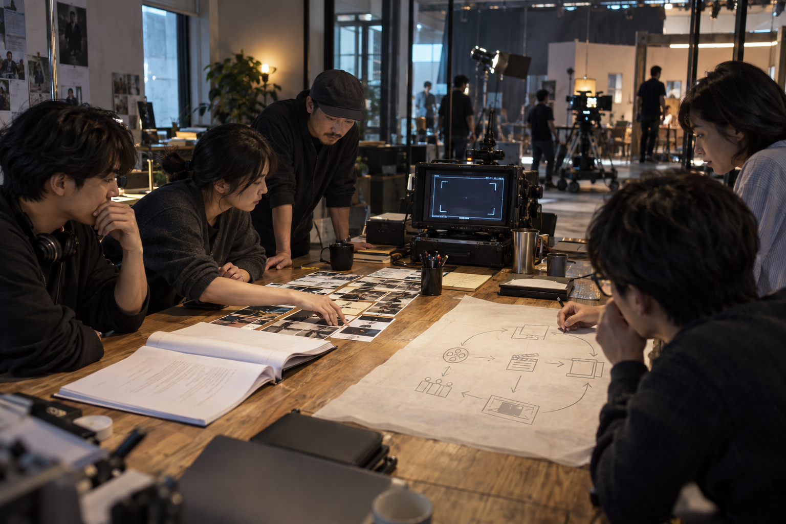 A Korean production studio meeting links a script, camera monitor, streaming interface and rights diagram across a long worktable.