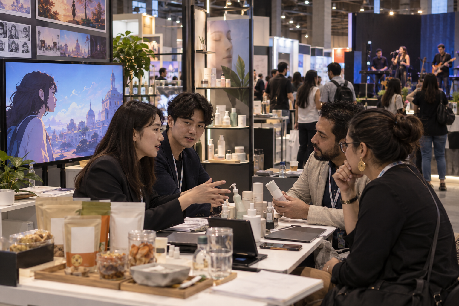 Korean and Mexican business representatives meet at a trade fair surrounded by digital content, beauty and food displays.