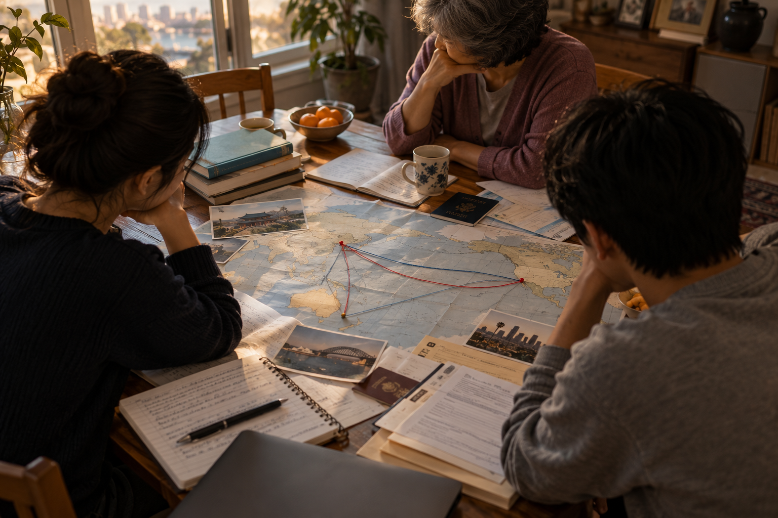 Three generations of a Korean diasporic family sit around a table covered with schoolbooks, migration papers and a world map linking Seoul, Sydney and Los Angeles.