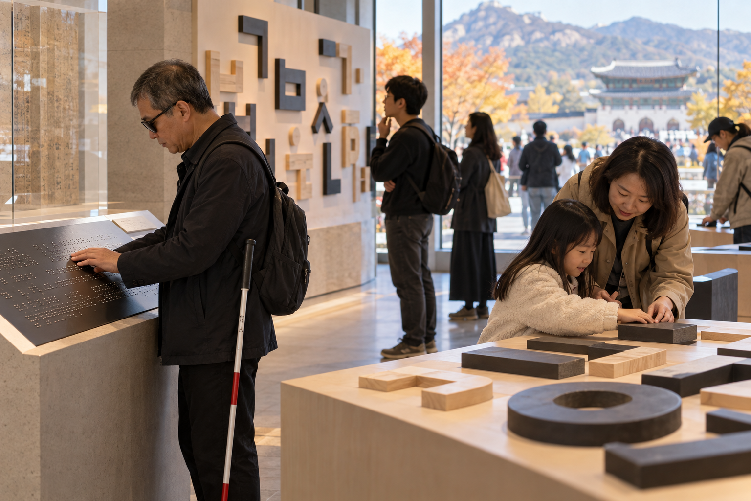 Visitors explore a public Hangeul exhibition while a blind visitor reads a tactile Braille display and a parent and child examine raised letterforms.